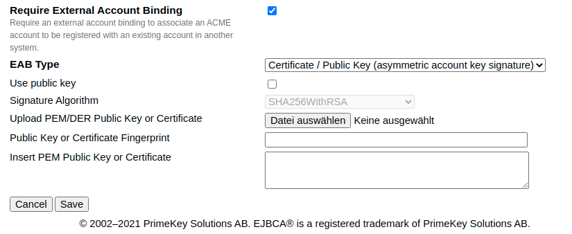 Initial ACME EAB with symmetric key configuration.